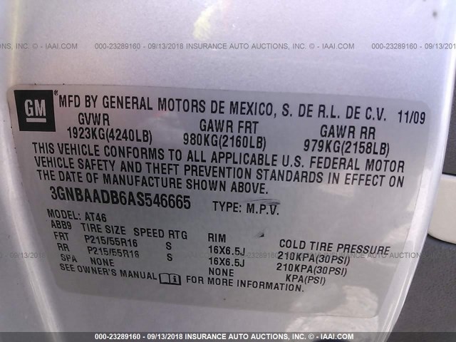 3GNBAADB6AS546665 - 2010 CHEVROLET HHR LS SILVER photo 9