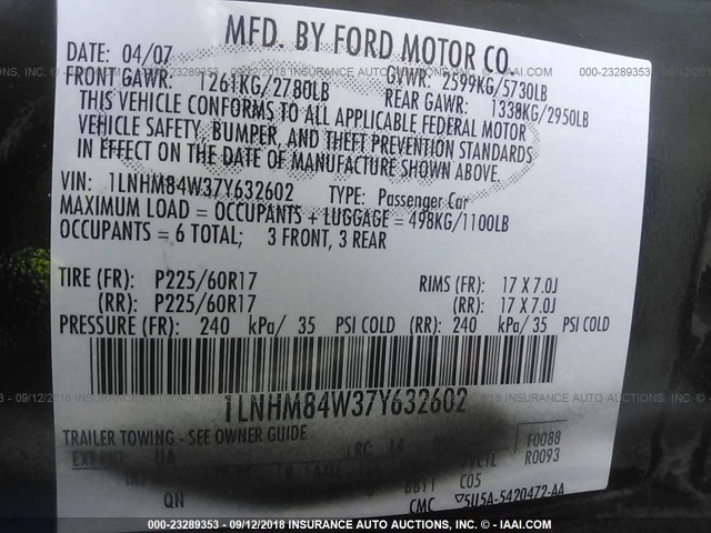 1LNHM84W37Y632602 - 2007 LINCOLN TOWN CAR EXECUTIVE L BLACK photo 9