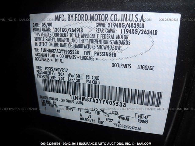 1LNHM87A3YY905538 - 2000 LINCOLN LS 灰色 照片 9