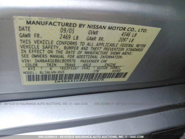 1N4BA41E86C809976 - 2006 NISSAN MAXIMA SE/SL SILVER photo 9