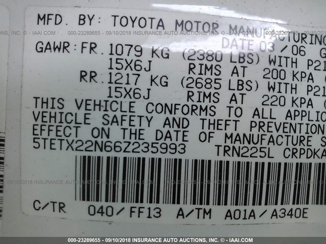 5TETX22N66Z235993 - 2006 TOYOTA TACOMA ACCESS CAB Ақ фото 9