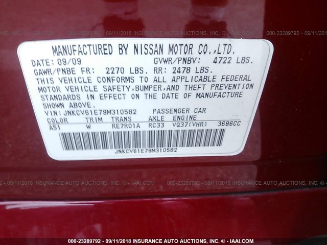 JNKCV61E79M310582 - 2009 INFINITI G37 JOURNEY/SPORT RED photo 9