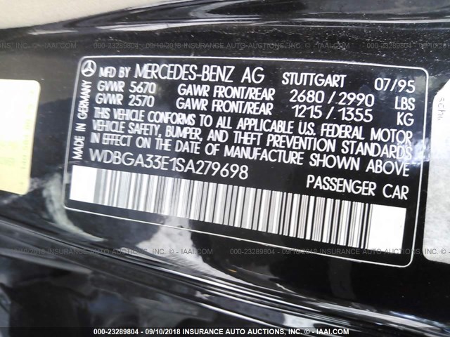 WDBGA33E1SA279698 - 1995 MERCEDES-BENZ S 320 BLACK photo 9