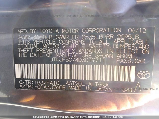 JTKJF5C74D3049711 - 2013 TOYOTA SCION TC 灰色 照片 9