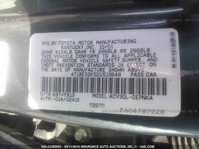 4T1BE32K52U513648 - 2002 TOYOTA CAMRY LE/XLE/SE Qara foto 7