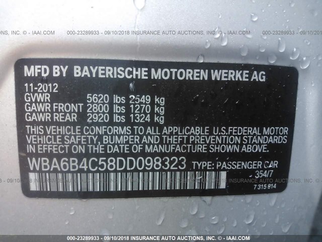 WBA6B4C58DD098323 - 2013 BMW 650 XI SILVER photo 9