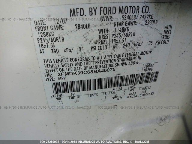 2FMDK39C68BA46075 - 2008 FORD EDGE LIMITED WHITE photo 9