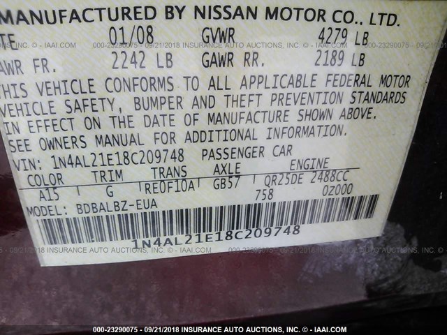 1N4AL21E18C209748 - 2008 NISSAN ALTIMA RED photo 9