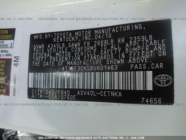 4T1BF3EK5BU601463 - 2011 TOYOTA CAMRY SE/LE/XLE თეთრი ფოტო 9