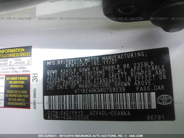 4T1BE46K98U769039 - 2008 TOYOTA CAMRY CE/LE/XLE/SE WHITE photo 9