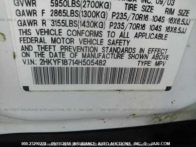 2HKYF18714H505482 - 2004 HONDA PILOT EXL WHITE photo 9