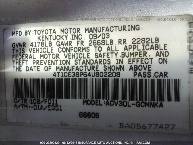 4T1CE38P64U802208 - 2004 TOYOTA CAMRY SOLARA SE/SLE Gümüş foto 9