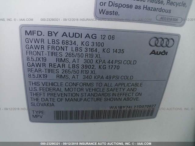 WA1BY74L27D070627 - 2007 AUDI Q7 3.6 QUATTRO PREMIUM WHITE photo 9