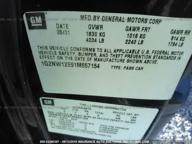 1G2NW12E91M657154 - 2001 PONTIAC GRAND AM GT BLACK photo 9