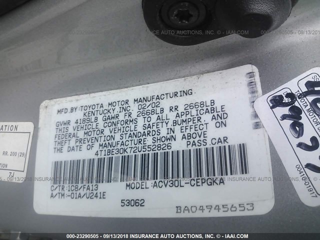 4T1BE30K72U552826 - 2002 TOYOTA CAMRY LE/XLE/SE Сұр фото 9