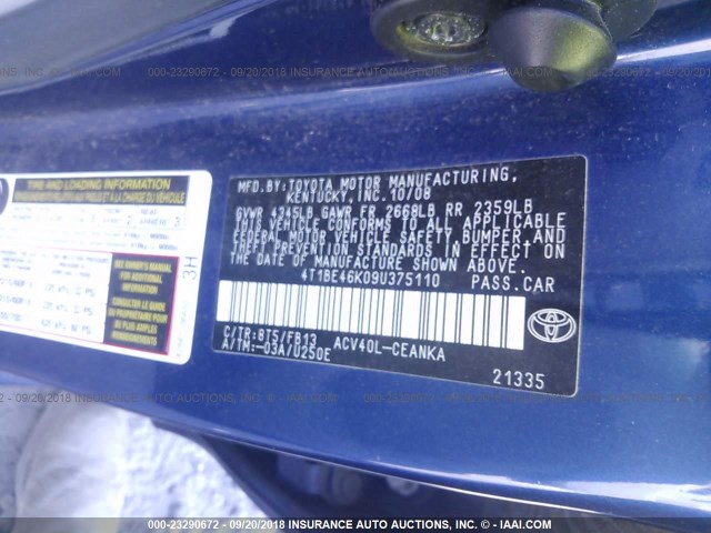 4T1BE46K09U375110 - 2009 TOYOTA CAMRY SE/LE/XLE 蓝色 照片 9