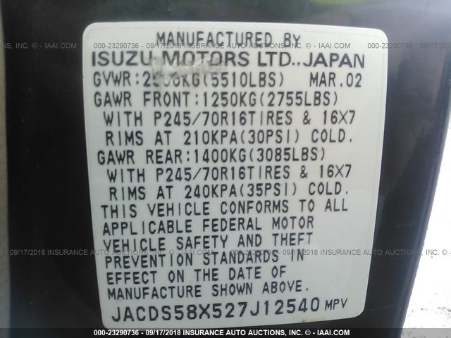 JACDS58X527J12540 - 2002 ISUZU TROOPER S/LS/LIMITED მწვანე ფოტო 9