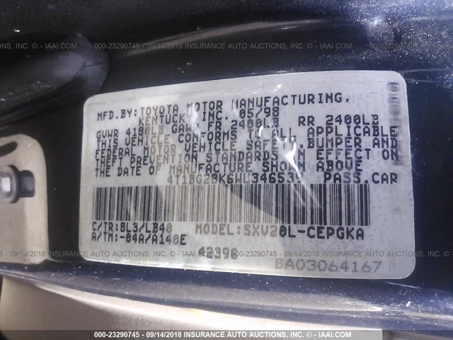 4T1BG28K6WU346539 - 1998 TOYOTA CAMRY CE/LE/XLE 蓝色 照片 9