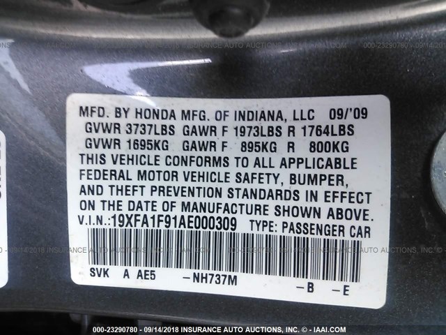 19XFA1F91AE000309 - 2010 HONDA CIVIC EXL Boz foto 9