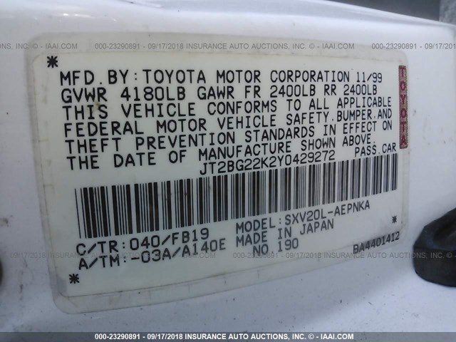 JT2BG22K2Y0429272 - 2000 TOYOTA CAMRY CE/LE/XLE 白色 照片 9