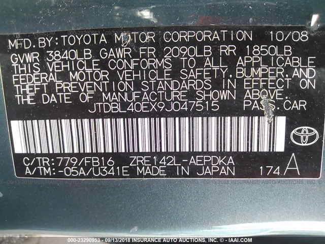 JTDBL40EX9J047515 - 2009 TOYOTA COROLLA LE/XLE TURQUOISE photo 9