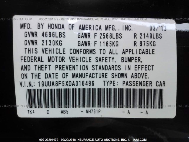 19UUA8F5XDA016496 - 2013 ACURA TL TECH BLACK photo 9