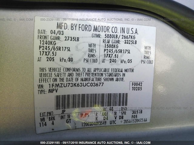 1FMZU73K63UC03677 - 2003 FORD EXPLORER XLT/XLT SPORT/NBX 银色 照片 9