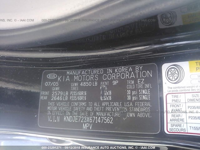 KNDJE723X67147562 - 2006 KIA NEW SPORTAGE  BLACK photo 9