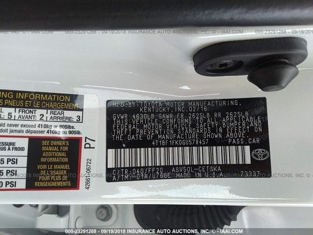 4T1BF1FK0GU578457 - 2016 TOYOTA CAMRY LE/XLE/SE/XSE WHITE photo 9