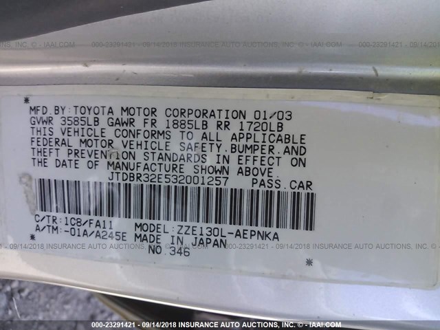 JTDBR32E532001257 - 2003 TOYOTA COROLLA CE/LE SILVER photo 9