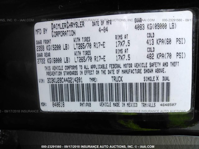 3D3KU28C44G214201 - 2004 DODGE RAM 2500 ST/SLT 黑色 照片 9