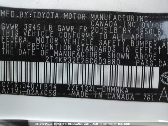 2T1KR32E26C603880 - 2006 TOYOTA COROLLA MATRIX XR WHITE photo 9