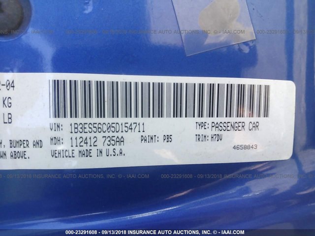 1B3ES56C05D154711 - 2005 DODGE NEON SXT BLUE photo 9