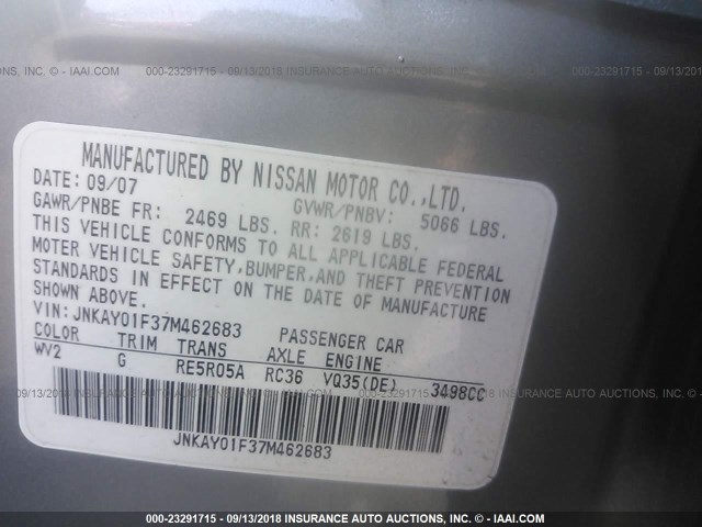 JNKAY01F37M462683 - 2007 INFINITI M35 SPORT SILVER photo 9