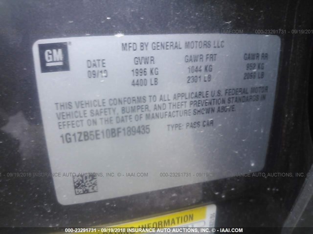 1G1ZB5E10BF189435 - 2011 CHEVROLET MALIBU LS 黑色 照片 9