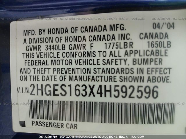 2HGES163X4H592596 - 2004 HONDA CIVIC DX VP Mavi foto 9