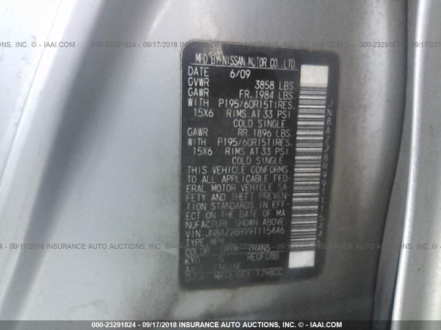 JN8AZ28R99T115446 - 2009 NISSAN CUBE S/SL SILVER photo 9