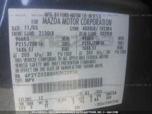 4F2YZ02B84KM23958 - 2004 MAZDA TRIBUTE DX BLUE photo 9