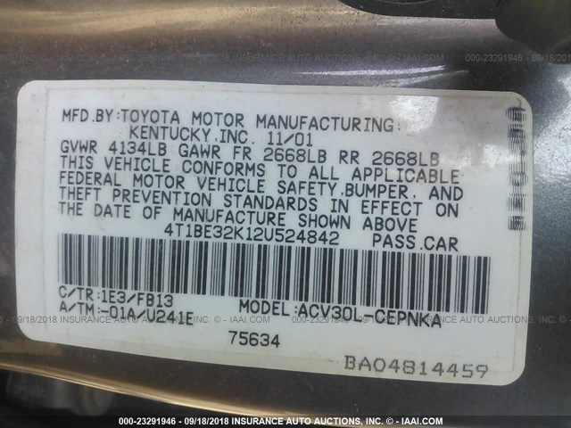 4T1BE32K12U524842 - 2002 TOYOTA CAMRY LE/XLE/SE Күміс фото 9