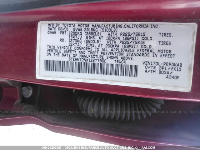 5TEHN72NX1Z877960 - 2001 TOYOTA TACOMA DOUBLE CAB 红色 照片 10