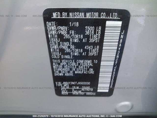 JN8AY2NC7JX502030 - 2018 NISSAN ARMADA SV/SL/PLATINUM SILVER photo 9