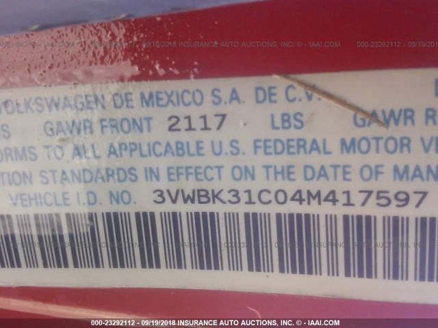 3VWBK31C04M417597 - 2004 VOLKSWAGEN NEW BEETLE GL 橙色 照片 9