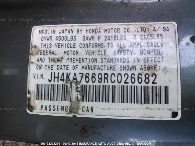 JH4KA7669RC026682 - 1994 ACURA LEGEND L GREEN photo 9