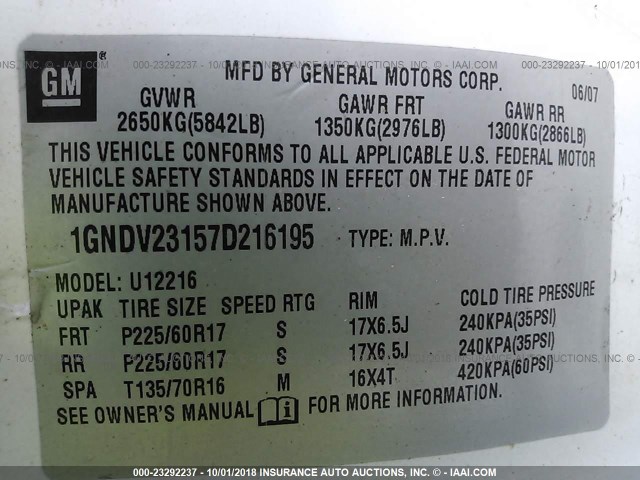 1GNDV23157D216195 - 2007 CHEVROLET UPLANDER LS WHITE photo 9