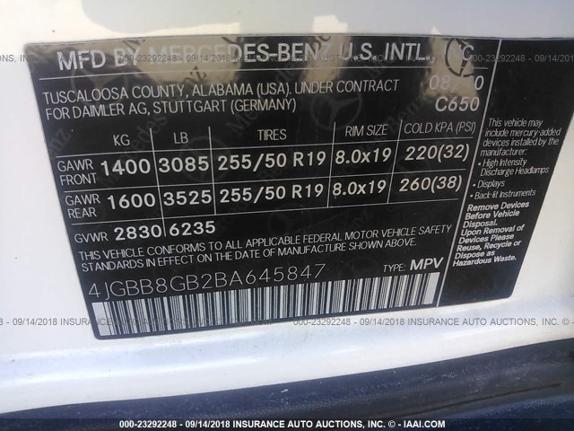 4JGBB8GB2BA645847 - 2011 MERCEDES-BENZ ML 350 4MATIC WHITE photo 9
