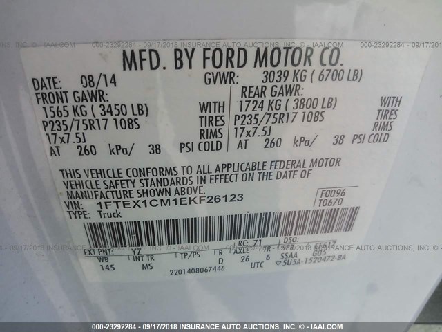 1FTEX1CM1EKF26123 - 2014 FORD F150 SUPER CAB WHITE photo 9