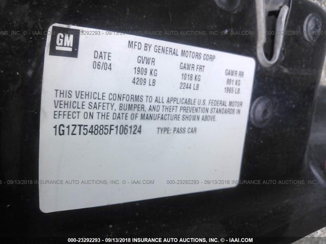 1G1ZT54885F106124 - 2005 CHEVROLET MALIBU LS შავი ფოტო 9