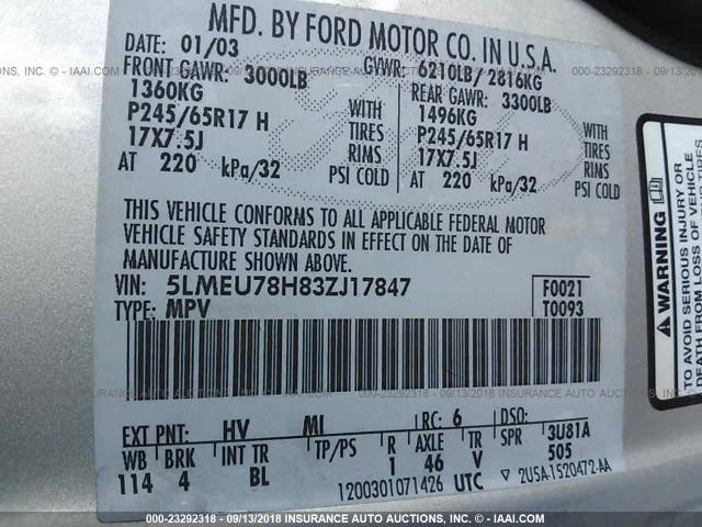 5LMEU78H83ZJ17847 - 2003 LINCOLN AVIATOR 银色 照片 9