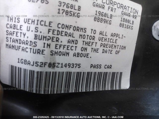 1G8AJ52F05Z149375 - 2005 SATURN ION LEVEL 2 GRAY photo 9