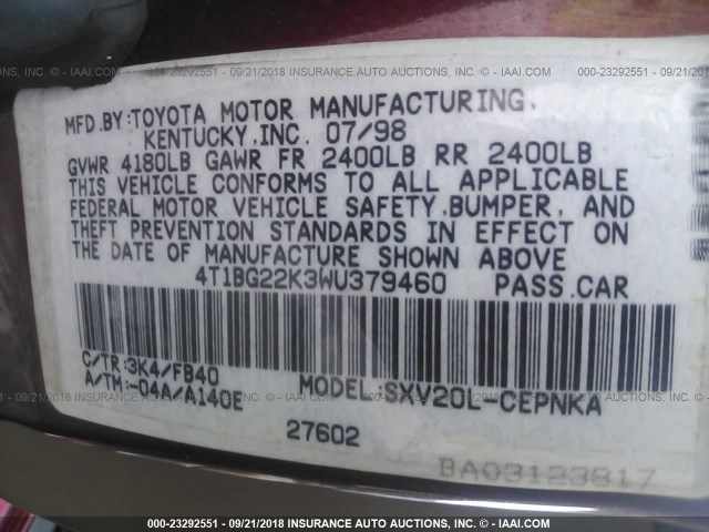 4T1BG22K3WU379460 - 1998 TOYOTA CAMRY CE/LE/XLE 红色 照片 9